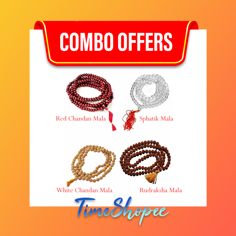 Combo of 4 Jaap Malas including Rudraksha, Safed Chandan, Spathic, and Lal Chandan, each with 108+1 beads, lab certified