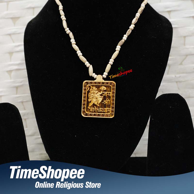 Shri Bageshwar Dham Tulsi Wood Locket in Tulsi Mala, 100% pure, available at Timeshopee.
