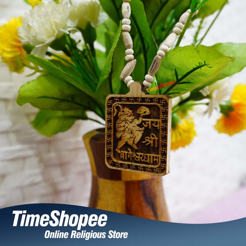 Shri Bageshwar Dham Tulsi Wood Locket in Tulsi Mala, 100% pure, available at Timeshopee.