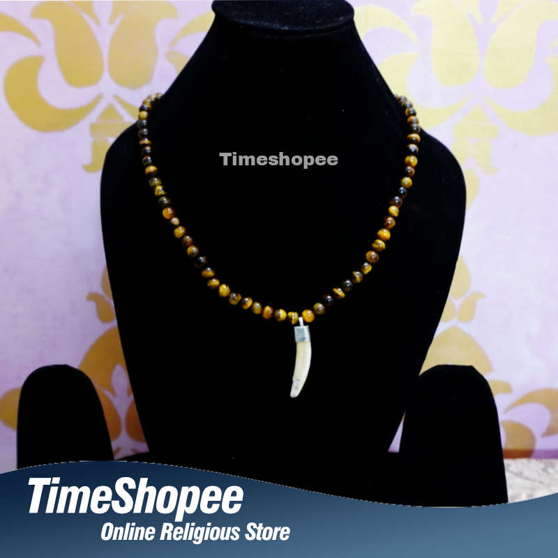 Natural Wild Boar Teeth Silver Pendant with Tiger Eye Mala, Lab Certified