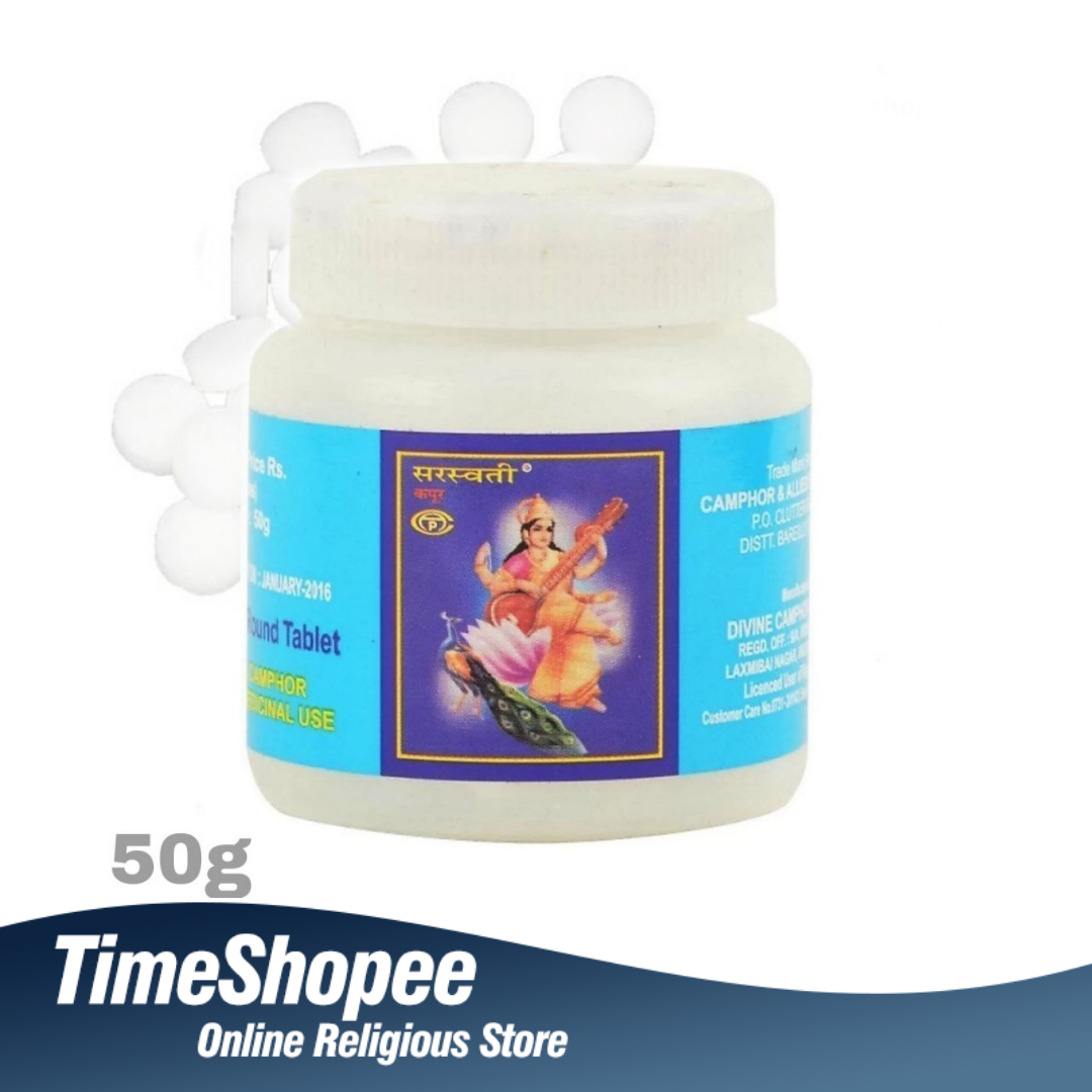 Pure Saraswati Kapur camphor tablets, ideal for spiritual rituals and air purification.