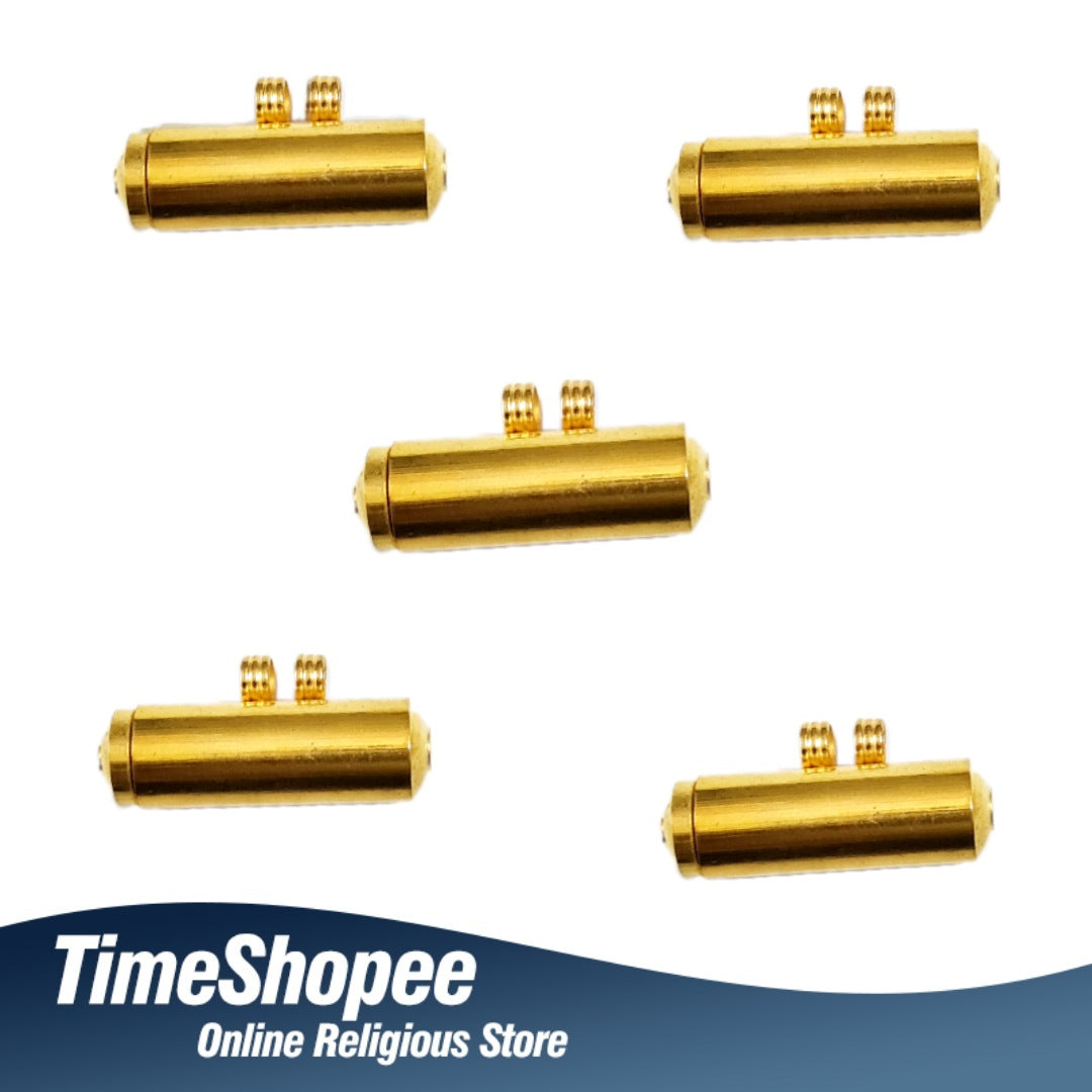 Set of five pure brass taweez amulets in golden color with a Bhojpatra sheet, highlighting their elegant design and spiritual purpose.