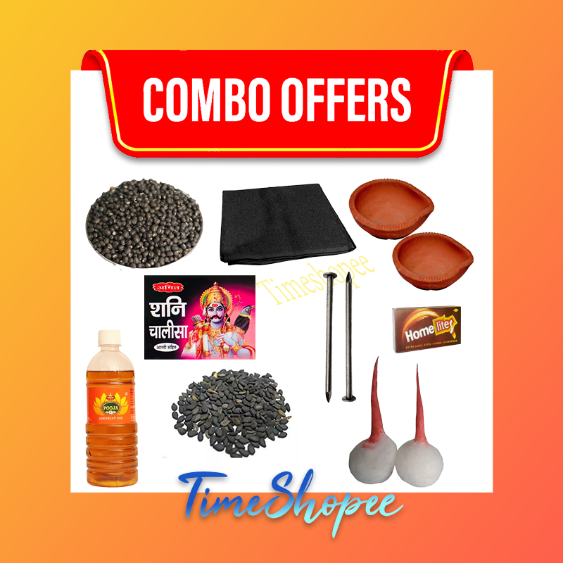 Shani Pujan Kit: Combo of Shani Chalisa, Mustard Oil, Cotton Wicks, Kaali Daal, Mustard Seeds, Black Cloth, Iron Nails, Match Box, and Deepak | Timeshopee