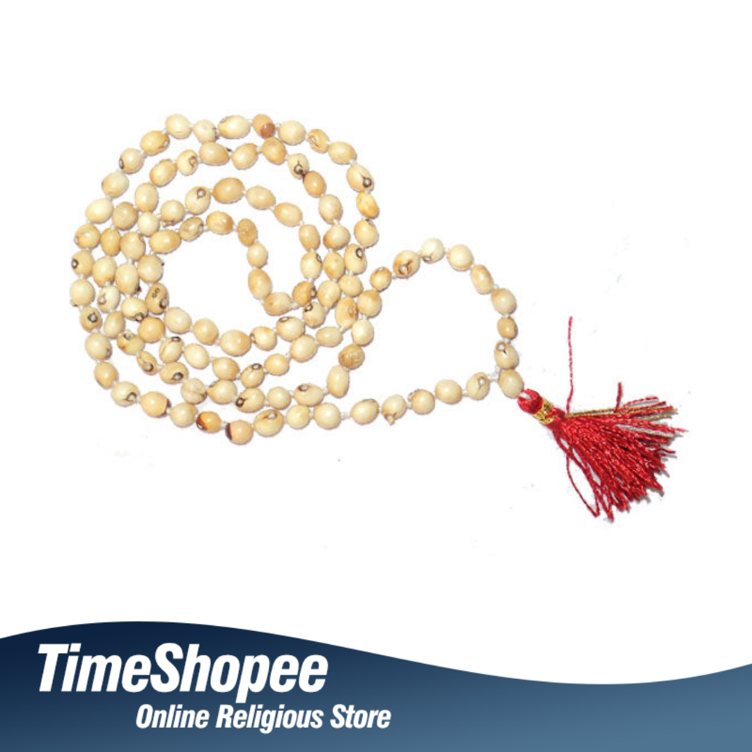 White Safed Gunja Mala with 108+1 beads, lab certified, ideal for meditation and prayer, available at Timeshopee.