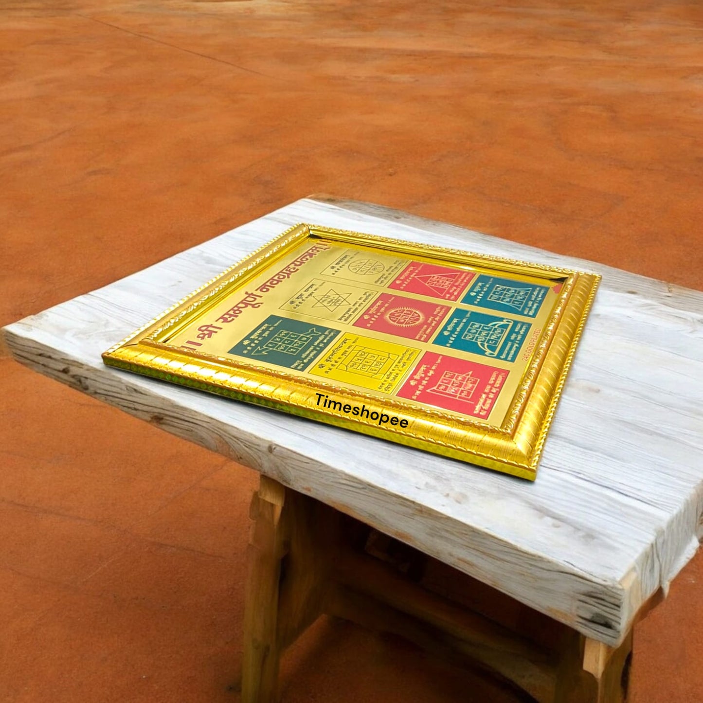 24K gold plated Shri Sampoorna Navgrah Yantra in a wooden frame, ideal for wall hanging and divine blessings.