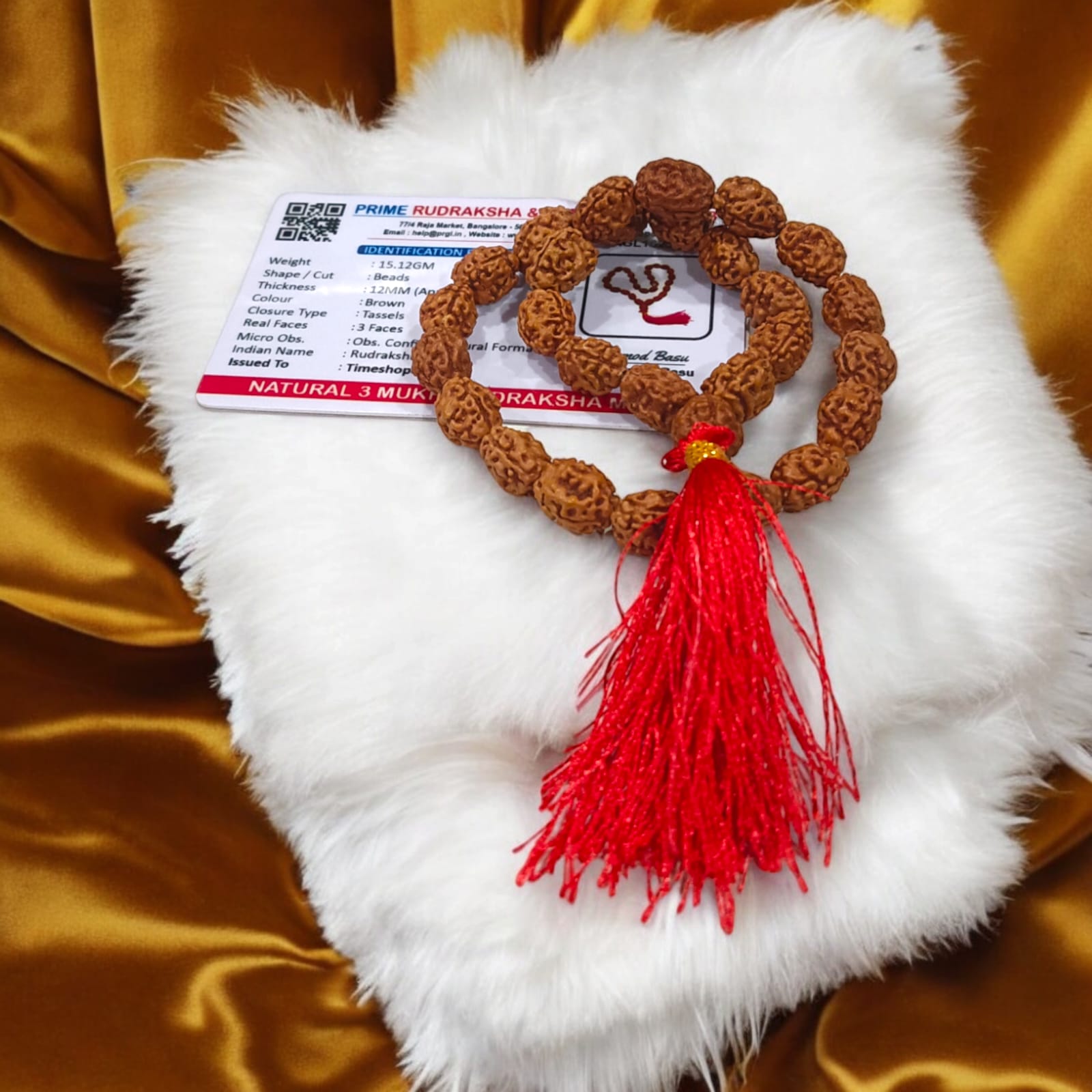 3 Mukhi Rudraksha Mala with 27+1 lab-certified natural 12MM beads for chanting and spiritual healing.
