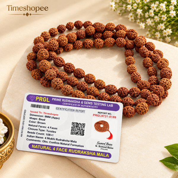 [4 Mukhi Rudraksha Mala with natural brown beads, neatly strung for spiritual use, ideal for meditation and daily wear]