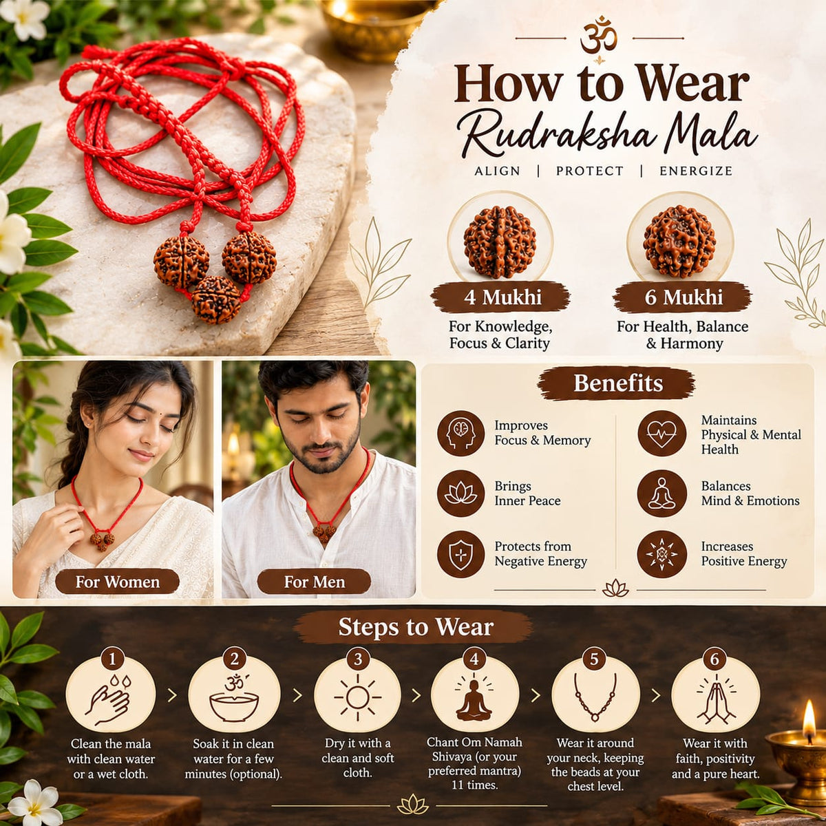 4 and 6 Mukhi Nepal Rudraksha Mala for Students Saraswati Bandh for Study and Meditation