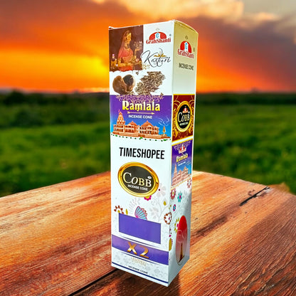 4 in 1 Dhoop Cone set of 12 with fragrances X2, Kasturi, Ramlala, and Cobb, each with a cone holder.