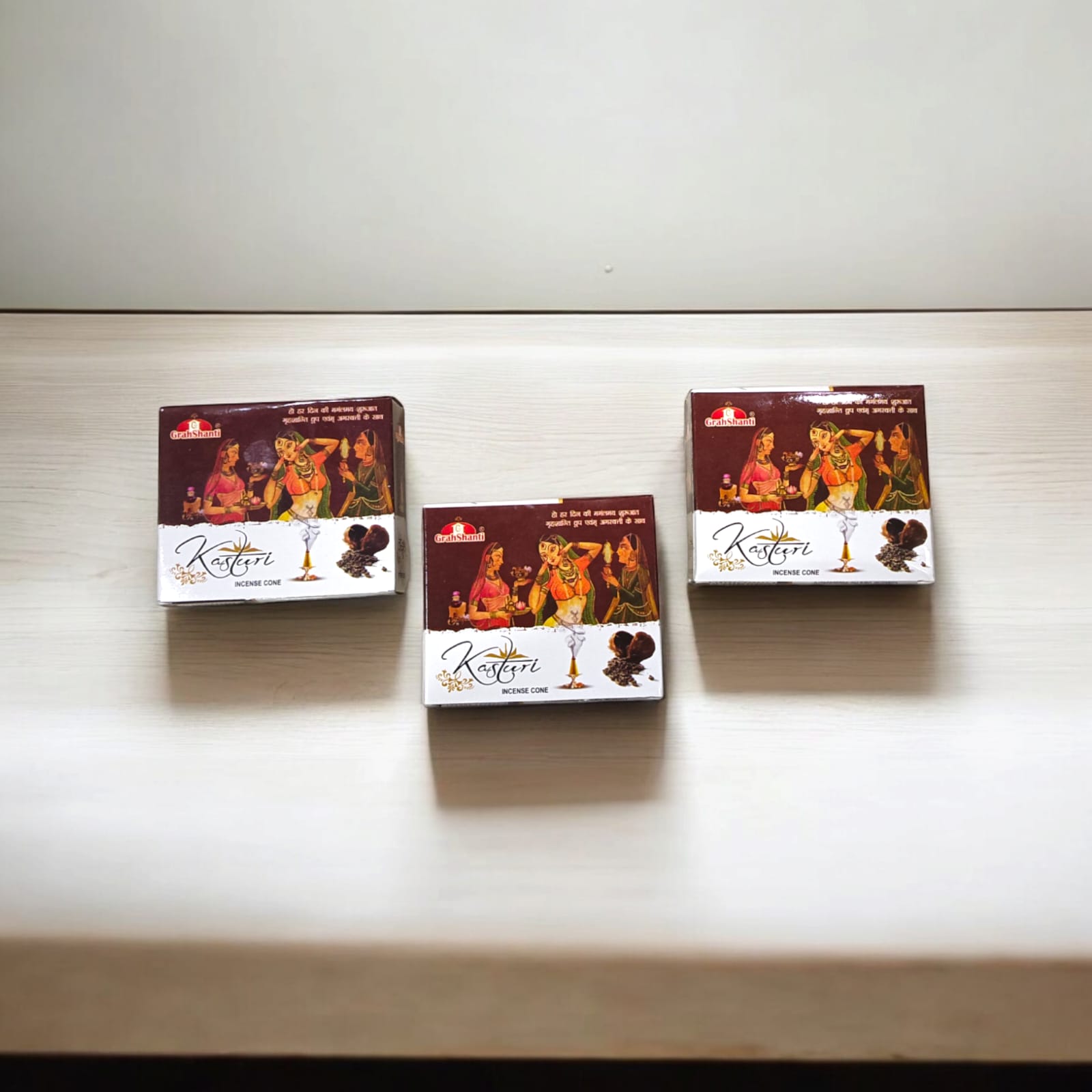 4 in 1 Dhoop Cone set of 12 with fragrances X2, Kasturi, Ramlala, and Cobb, each with a cone holder.