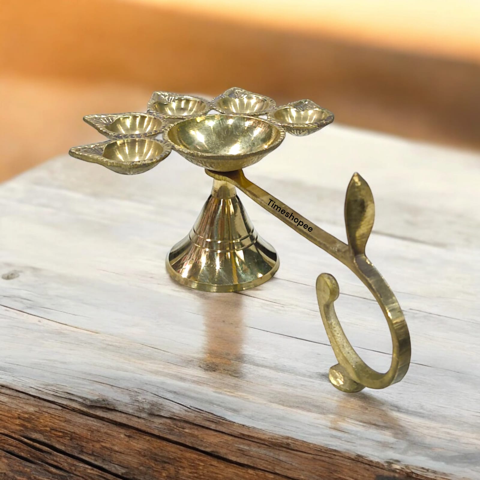 5-face brass Panch Mukhi Jyot for Aarti with elegant finish, available at Timeshopee.