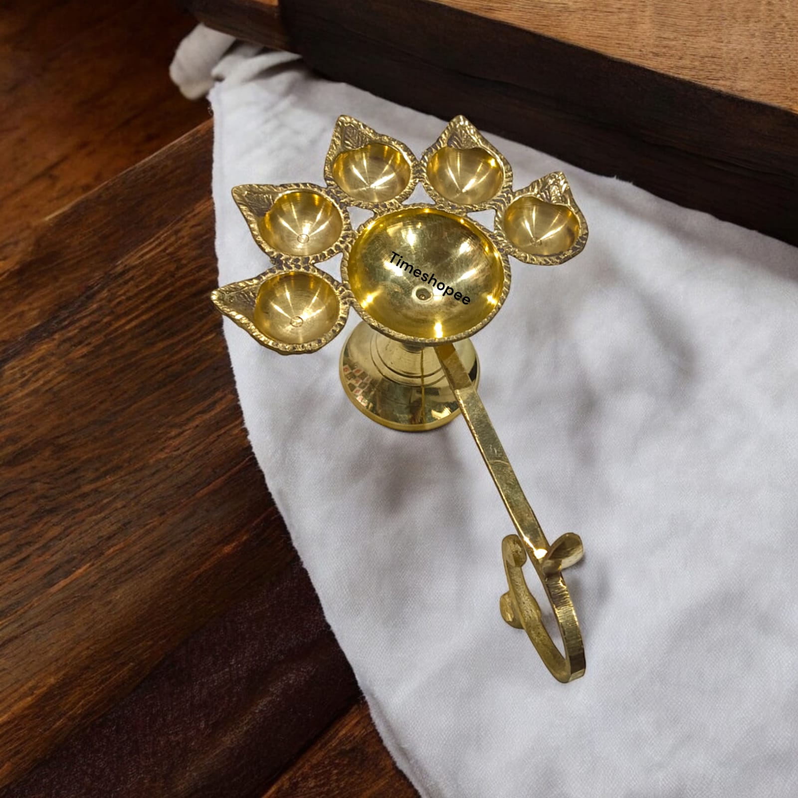 5-face brass Panch Mukhi Jyot for Aarti with elegant finish, available at Timeshopee.