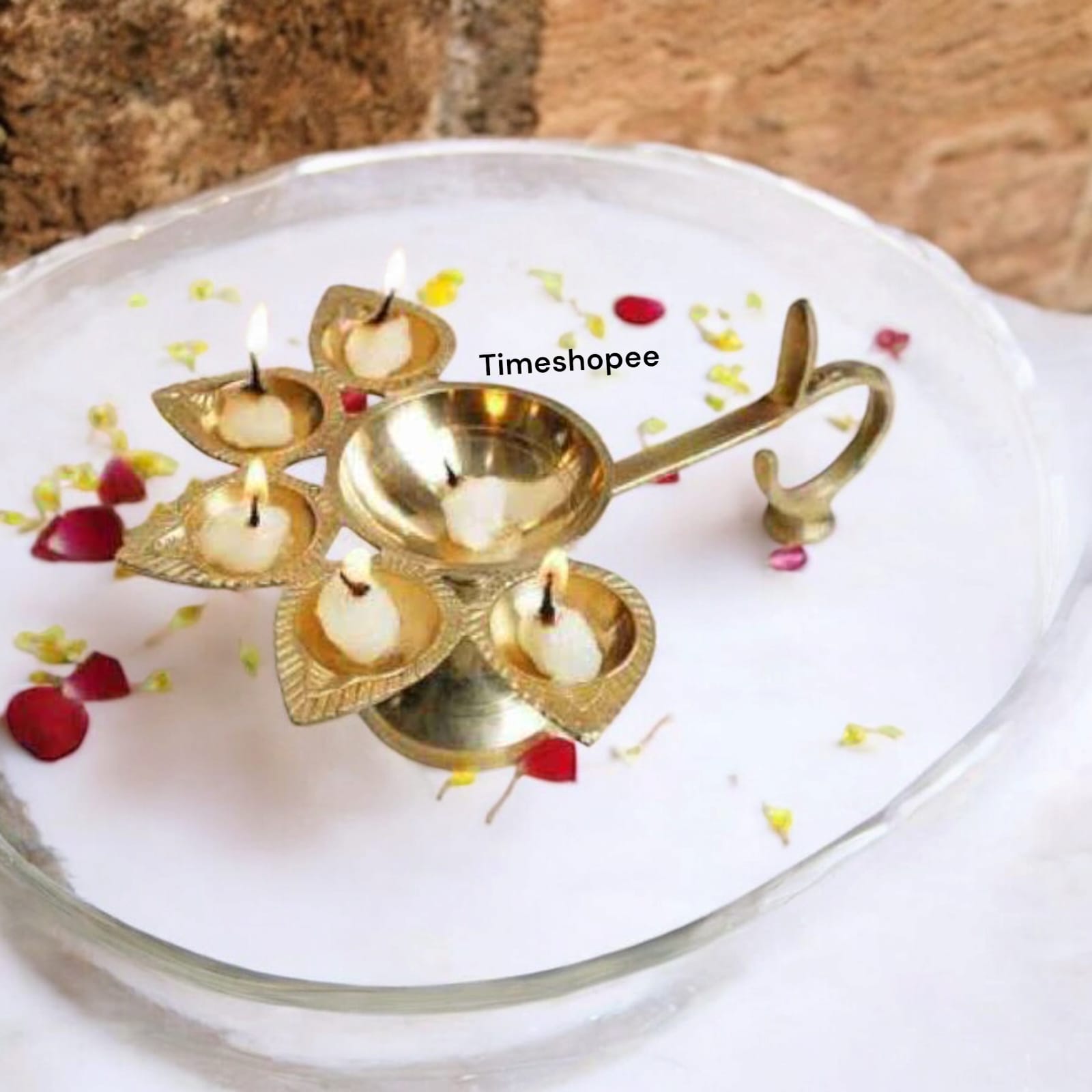 5-face brass Panch Mukhi Jyot for Aarti with elegant finish, available at Timeshopee.