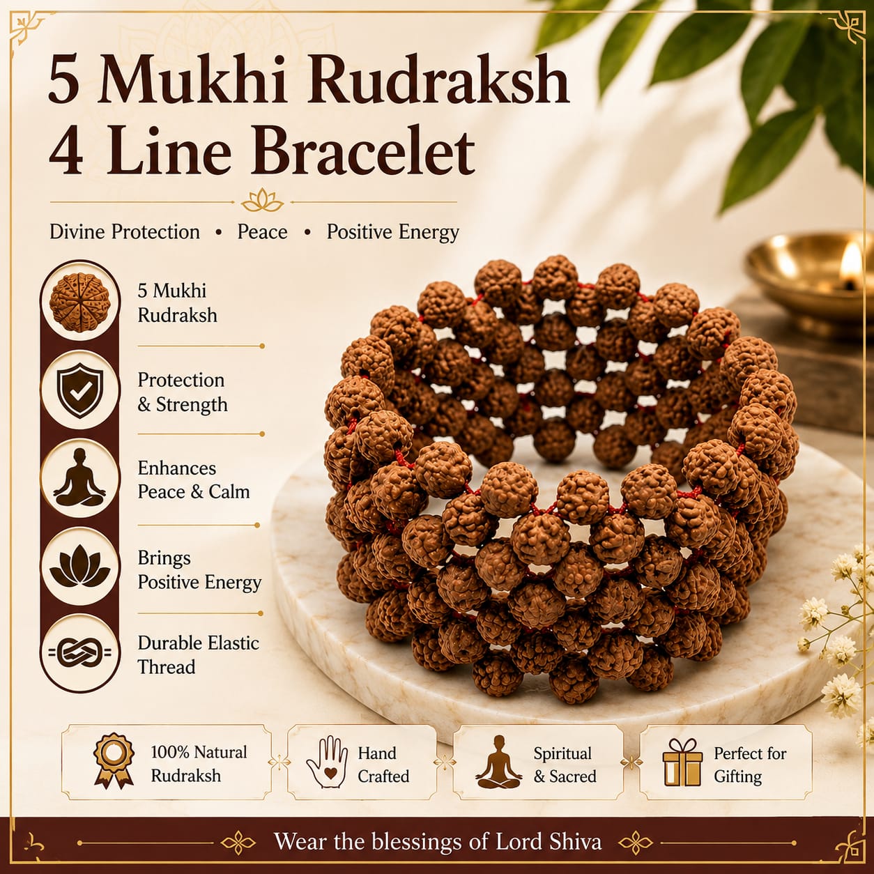 5 Mukhi Rudraksha Bracelet 7MM Multi Layer Stretchable Lab Certified Spiritual Bracelet