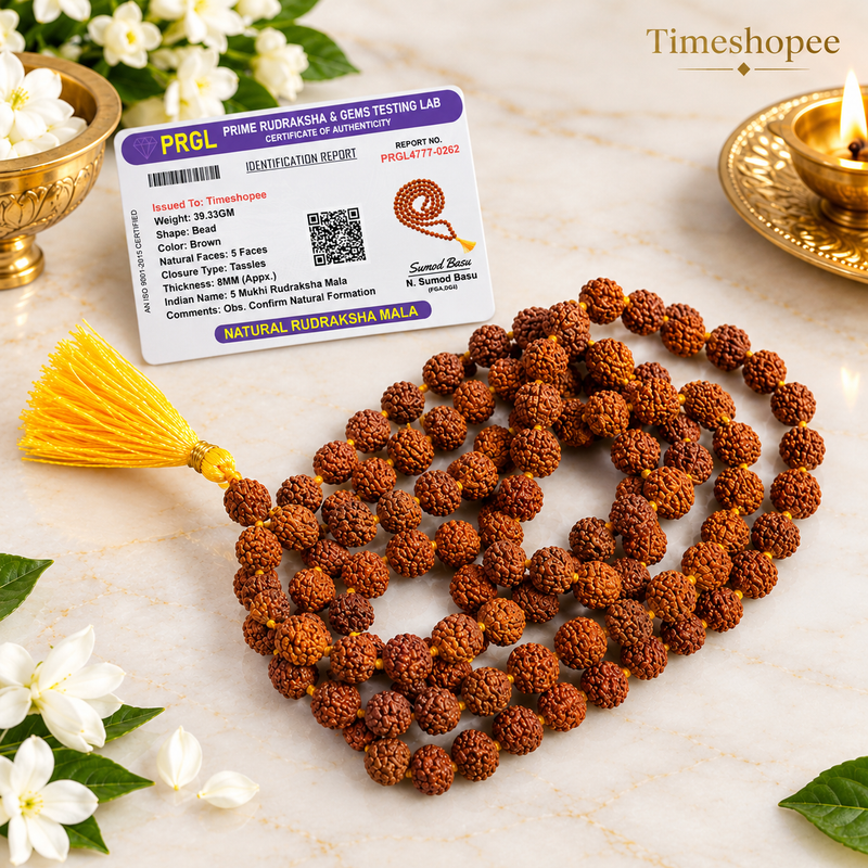 5 Mukhi Rudraksha Mala for Japa with Lab Certification, 108+1 Beads 8MM, Timeshopee