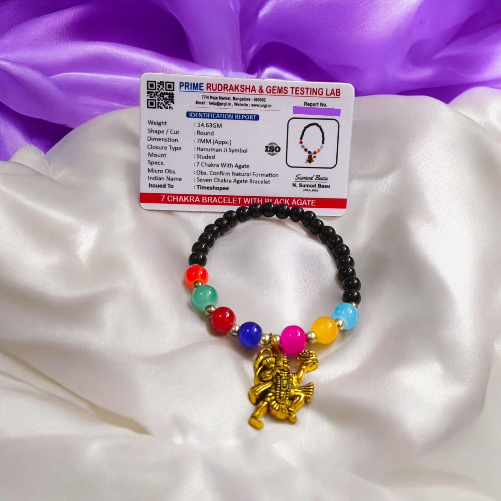 7 Chakra Bracelet With Black Agate & Hanuman Ji Symbol Lab Certified By Timeshopee