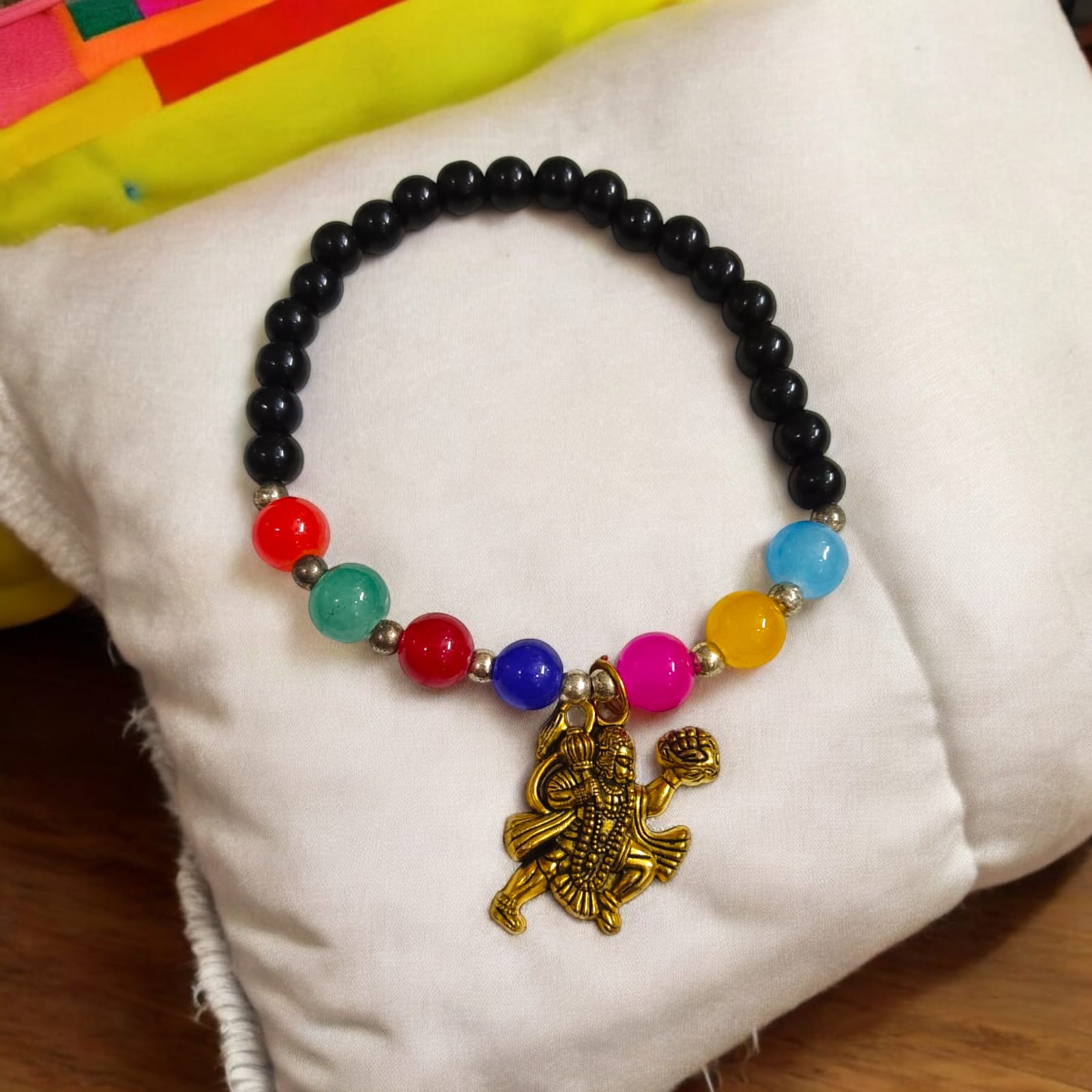 7 Chakra Bracelet With Black Agate & Hanuman Ji Symbol Lab Certified By Timeshopee