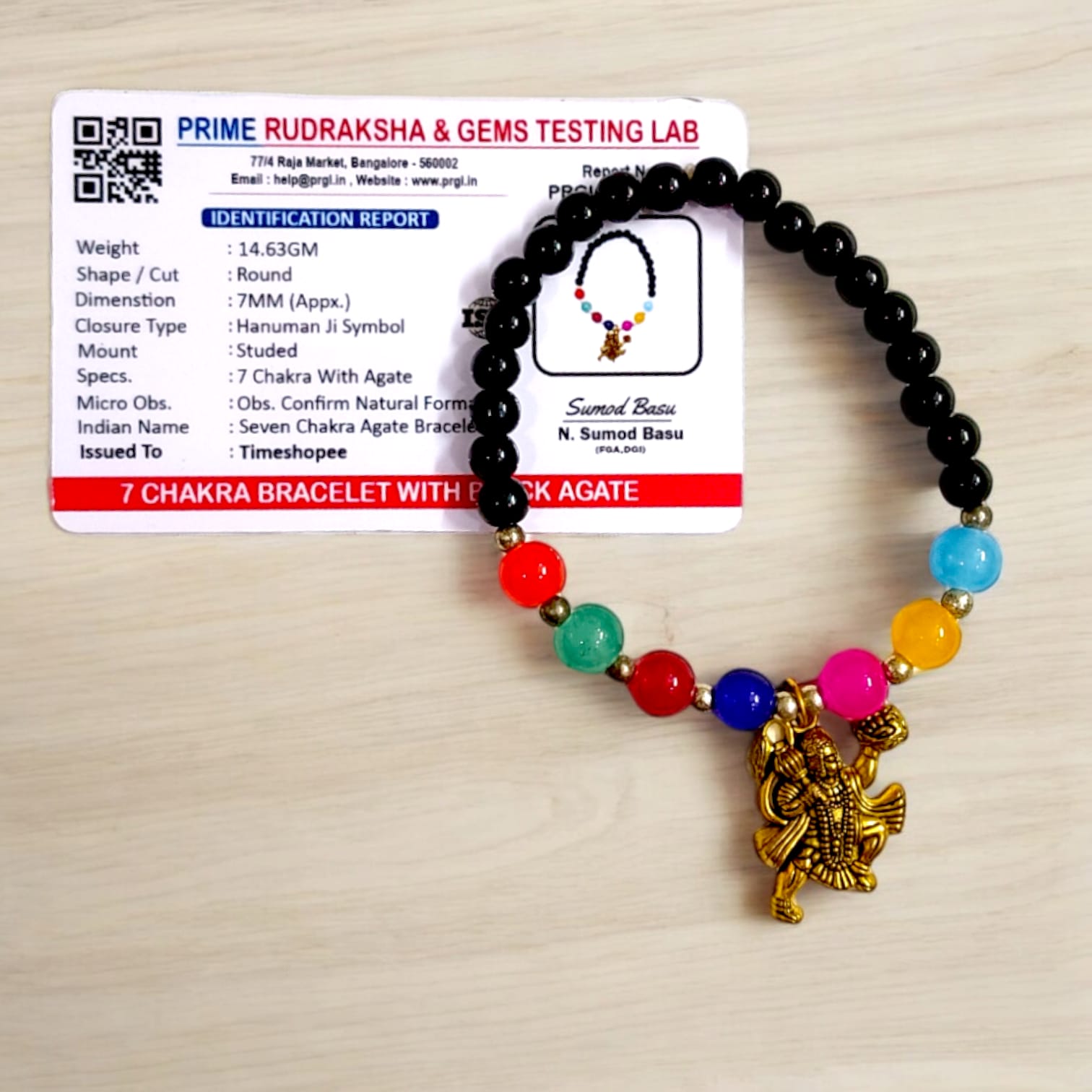 7 Chakra Bracelet With Black Agate & Hanuman Ji Symbol Lab Certified By Timeshopee