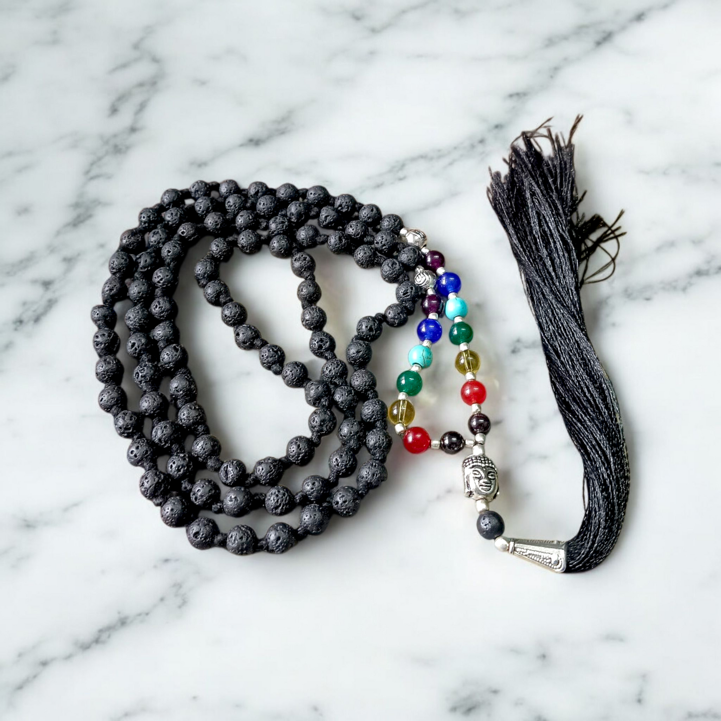 7 Chakra Mala with Lava Beads, Agate Stones, and Buddha Charm – Ideal for Chakra Healing and Meditation – 6MM Certified Beads