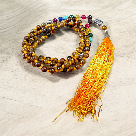 7 Chakra Tiger Eye Mala with Agate Stones and Buddha Charm – Lab Certified – 6MM Beads for Meditation, Yoga, and Chakra Healing