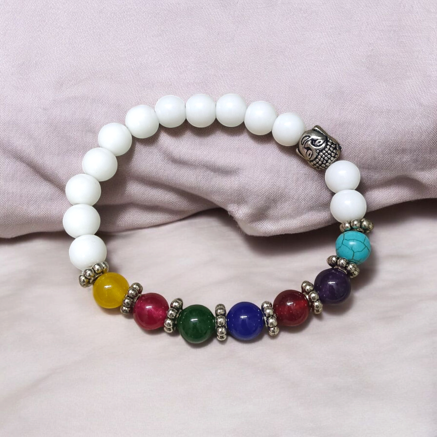 7 Chakra with Howlite Bracelet featuring colorful chakra stones and white howlite beads on an elastic thread, spiritual jewelry for men and women