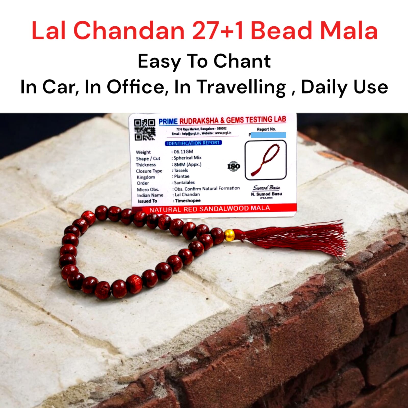 A Lal Chandan Mala with 27+1 lab-certified Red Sandalwood beads, each 8MM in size, ideal for mantra chanting and meditation, suitable for car, office, and travel.
