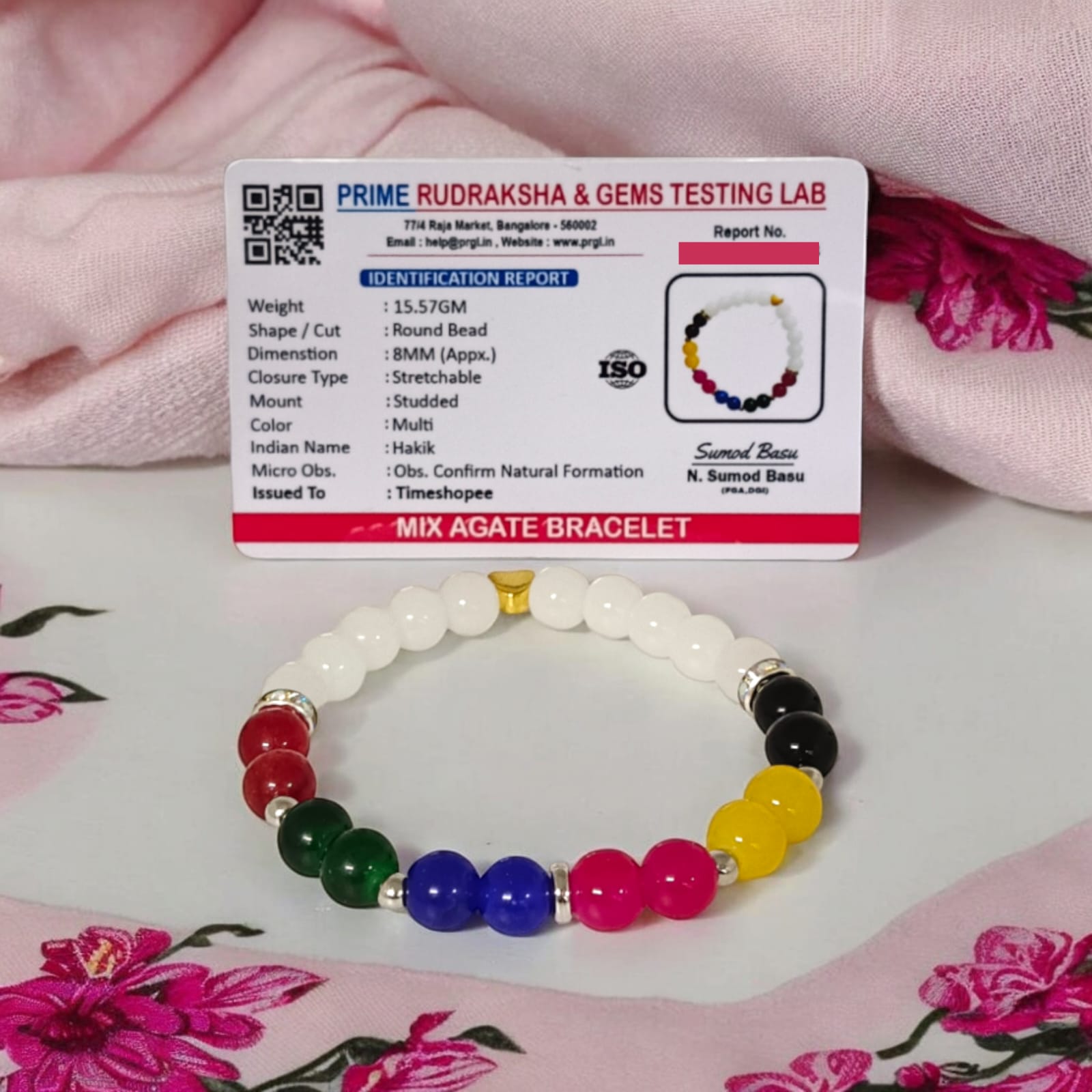A Mix Agate Bracelet with 7 types of Agate stones: Pink, White, Black, Green, Red, Yellow, and Blue. Features 8MM lab-certified beads in a stretchable design for balance and protection.