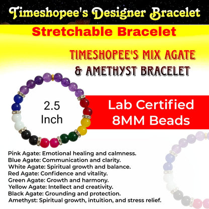 A Mix Agate and Amethyst Bracelet with 8MM lab-certified beads, featuring 7 types of Agate stones and Amethyst, in a stretchable design for balance and spiritual growth.