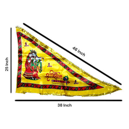 A Yellow Nishan Jhanda featuring Jai Shri Shyam and Radha Krishna, ideal for temples, homes, and offices during religious occasions.