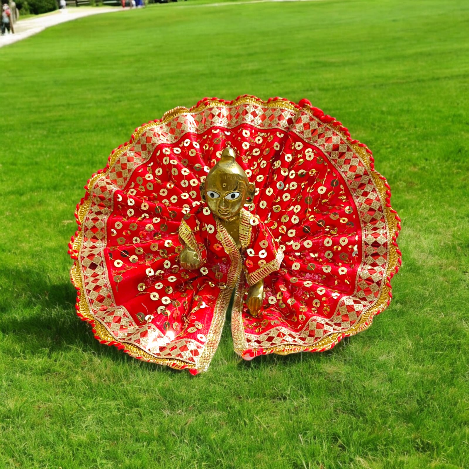 A beautiful Laddu Gopal dress with intricate embroidery, specially designed for Size 3 Laddu Gopal Ji, perfect for pooja functions and festive ceremonies.