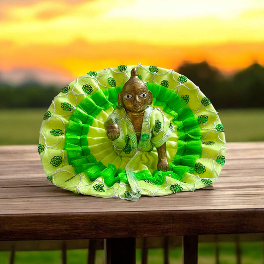 A beautiful satin and net Laddu Gopal dress, designed for Size 3 Laddu Gopal Ji, perfect for special occasions and festivals.