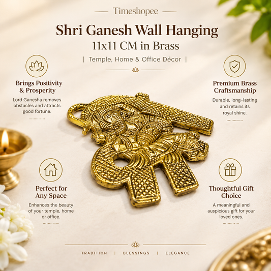 A beautifully crafted brass wall hanging of Shri Ganesh, measuring 11X11 CM, suitable for decorating temple walls, office spaces, and home doors.