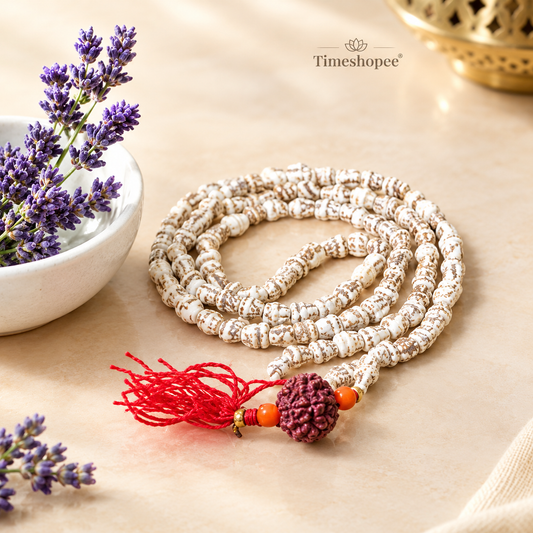 A beautifully handcrafted Shankh Mala (Conch Mala) made from white conch shells, used for meditation and spiritual practices, displayed with certification