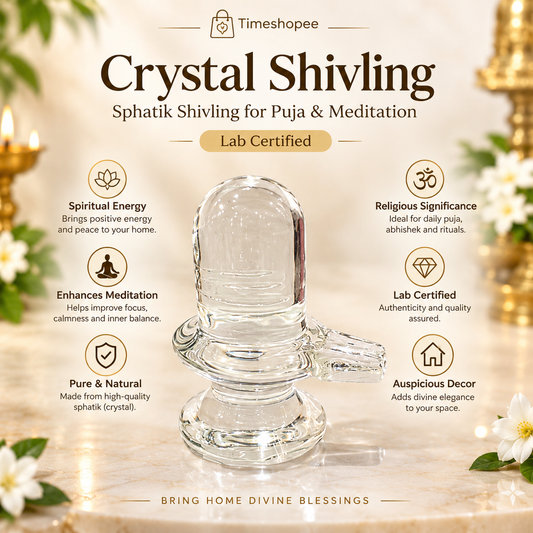 A clear, polished Sphatik (Crystal) Shivling placed on a small round base, intricately designed with fine details. The Shivling radiates purity and divine energy, symbolizing Lord Shiva. Ideal for worship, this lab-certified Sphatik Shivling from Timeshopee adds a spiritual touch to your home or temple setting.