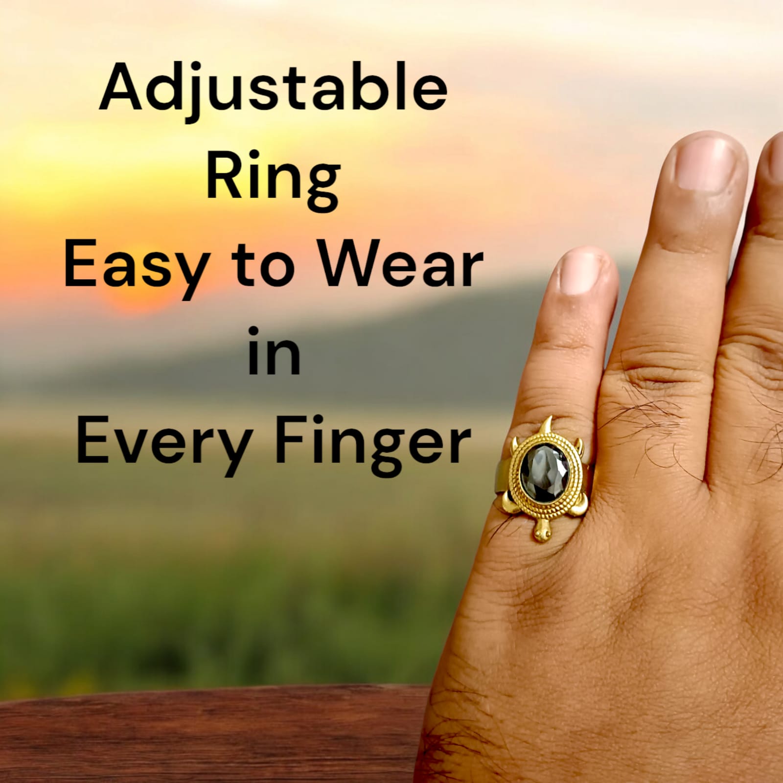 A close-up of the Kachua Black Hakik Ring, showcasing a deep black Kala Hakik (Black Agate) gemstone set in a tortoise-shaped design made from Ashtdhatu. The ring is adjustable and suitable for both men and women.
