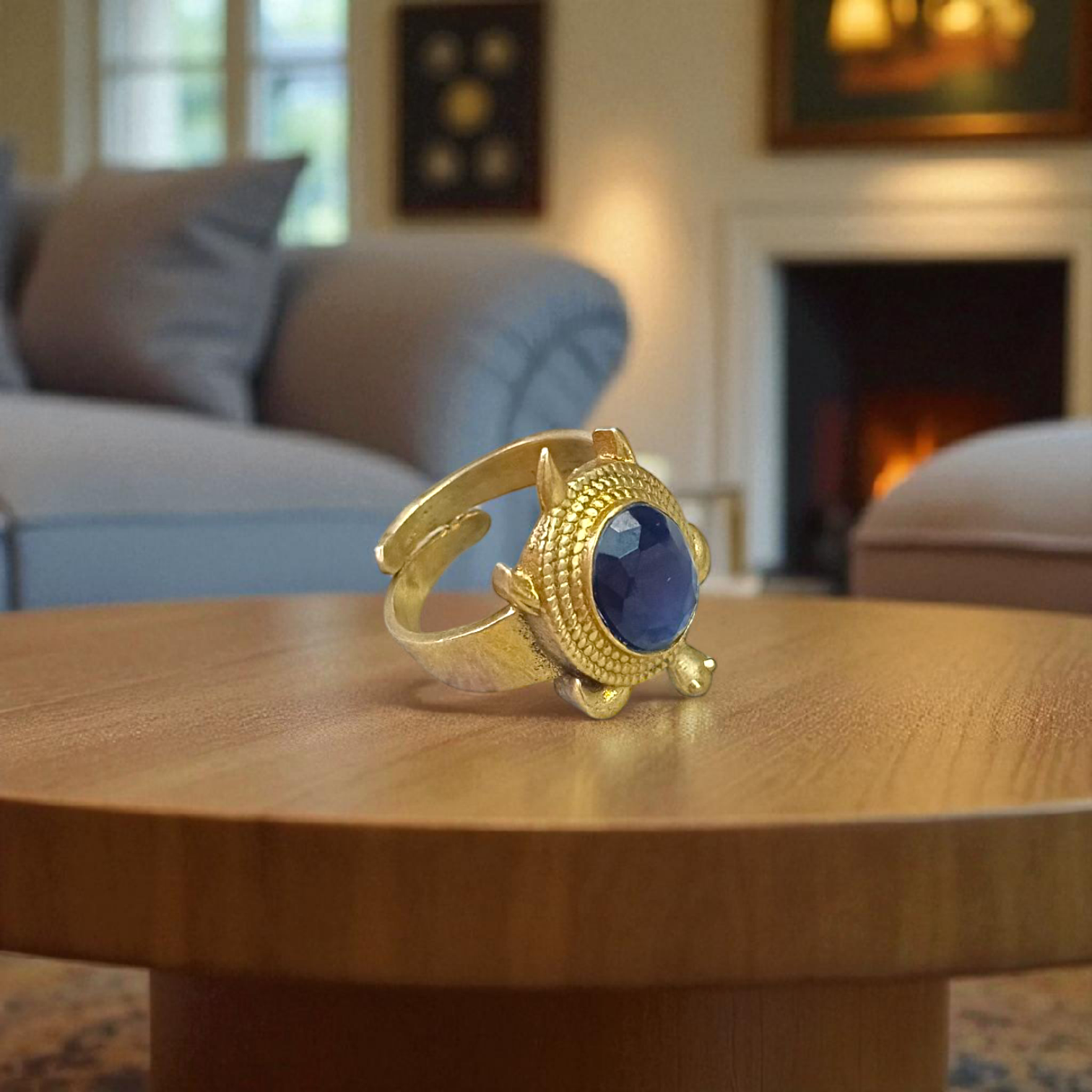 A close-up of the Kachua Black Hakik Ring, showcasing a deep black Kala Hakik (Black Agate) gemstone set in a tortoise-shaped design made from Ashtdhatu. The ring is adjustable and suitable for both men and women.