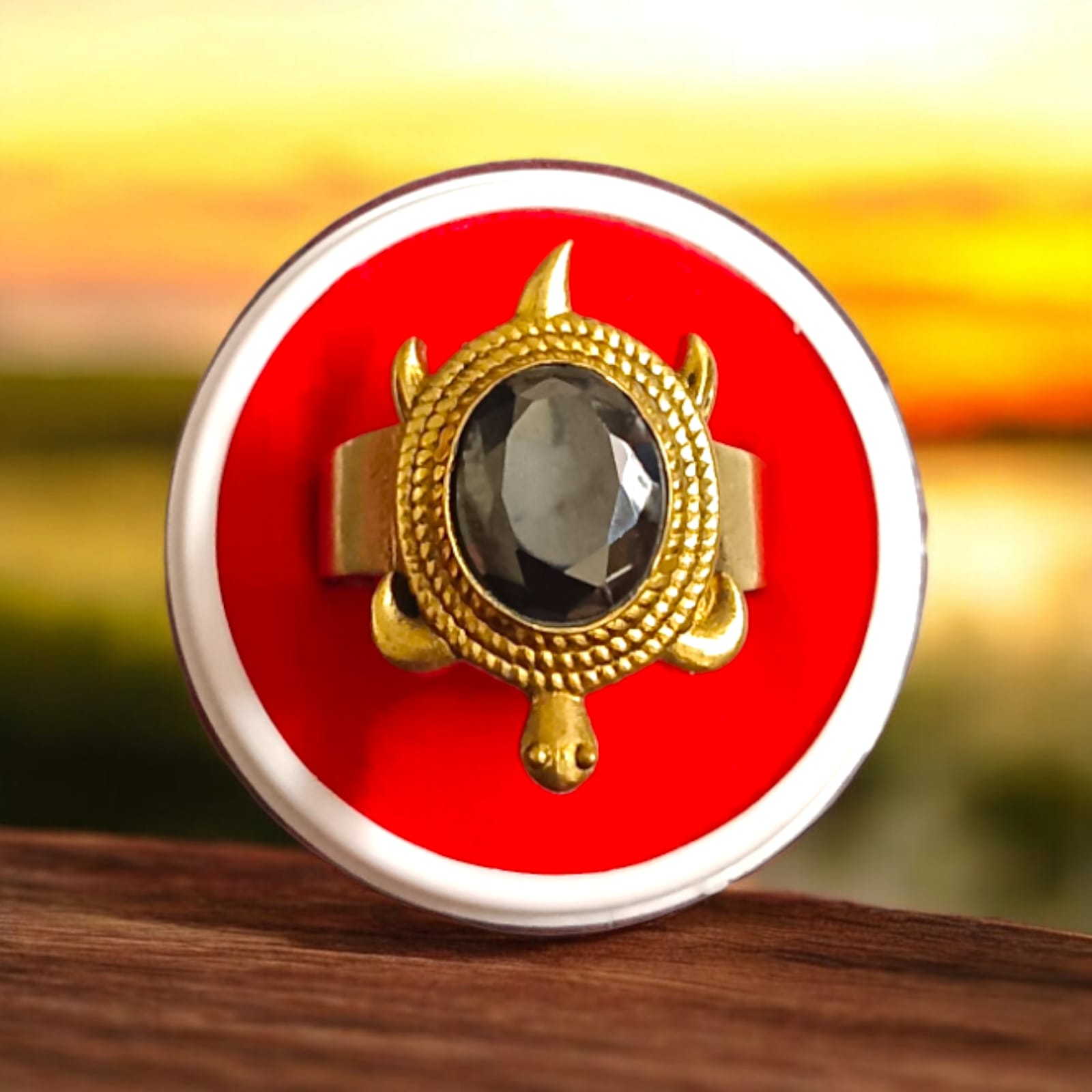 A close-up of the Kachua Black Hakik Ring, showcasing a deep black Kala Hakik (Black Agate) gemstone set in a tortoise-shaped design made from Ashtdhatu. The ring is adjustable and suitable for both men and women.