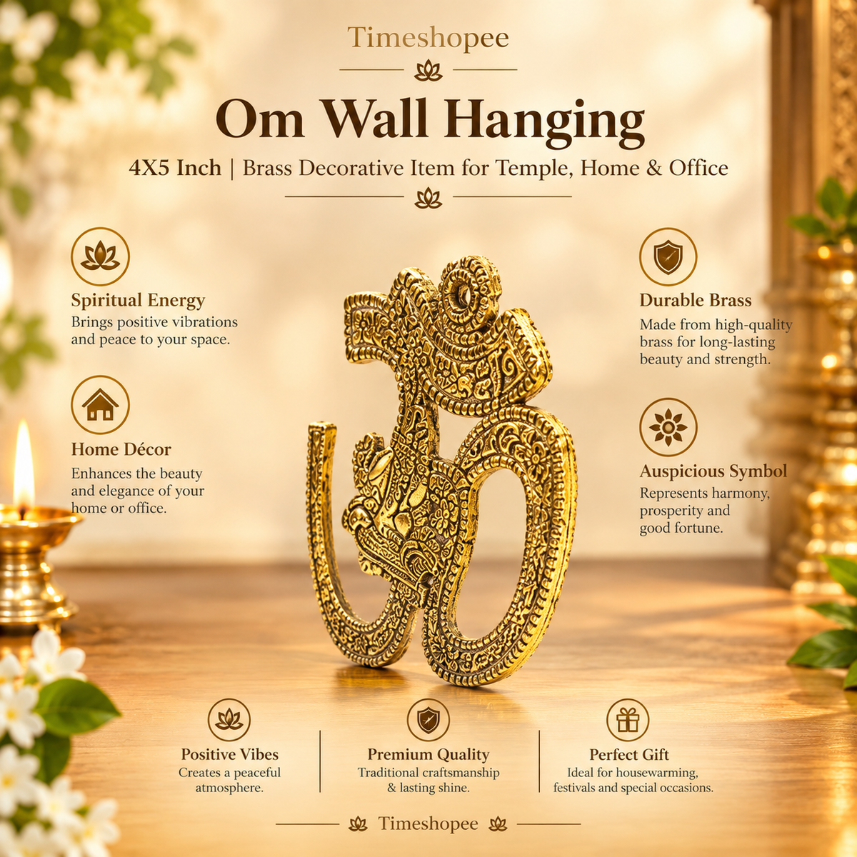 A decorative brass wall hanging featuring the sacred Om symbol, measuring 4X5 inches, suitable for temples, offices, and home walls to promote spirituality.