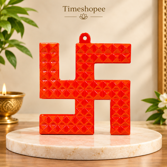 A decorative metal wall hanging featuring a Swastik and 68 Vaastu Pyramid, measuring 10X10 CM, suitable for hanging in temples, offices, and homes to promote positive energy.