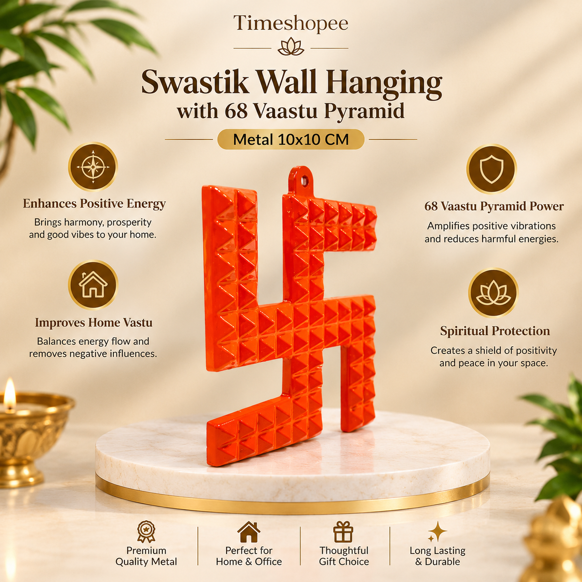 A decorative metal wall hanging featuring a Swastik and 68 Vaastu Pyramid, measuring 10X10 CM, suitable for hanging in temples, offices, and homes to promote positive energy.