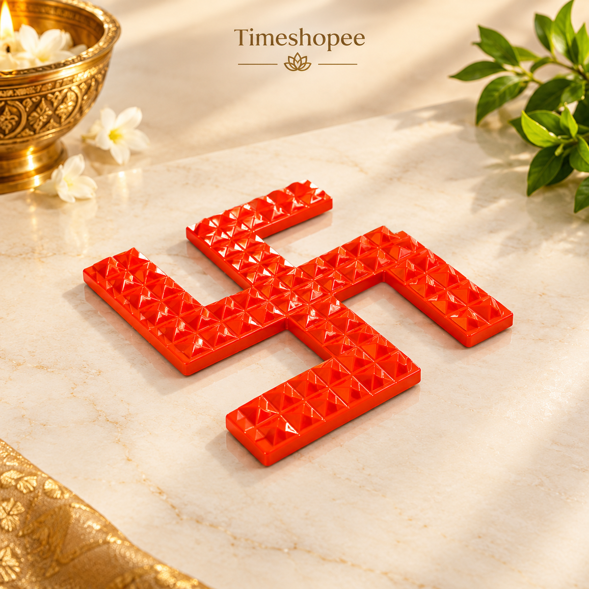 A decorative metal wall hanging featuring a Swastik and 68 Vaastu Pyramid, measuring 10X10 CM, suitable for hanging in temples, offices, and homes to promote positive energy.