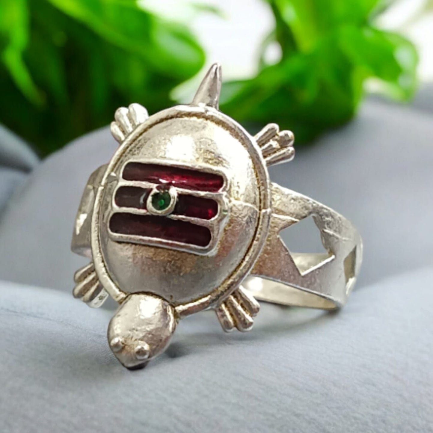 A detailed view of the Tripund Kachua Ring, featuring the Tripund symbol (three horizontal lines) on a silver-plated tortoise-shaped design. The ring is adjustable and suitable for both men and women.