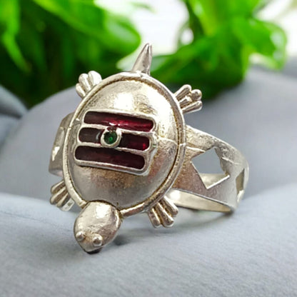 A detailed view of the Tripund Kachua Ring, featuring the Tripund symbol (three horizontal lines) on a silver-plated tortoise-shaped design. The ring is adjustable and suitable for both men and women.