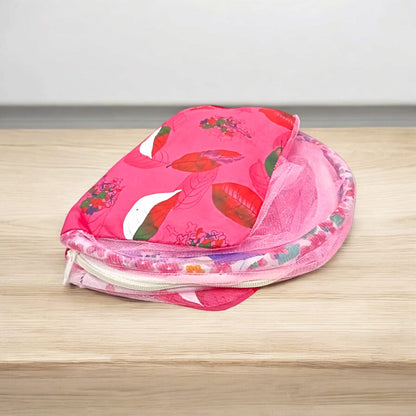 A large 10X13 inch comfortable bed with a mosquito net and three pillows, designed for Laddu Gopal or Radha Rani, available in Pink and Blue for home temple use.