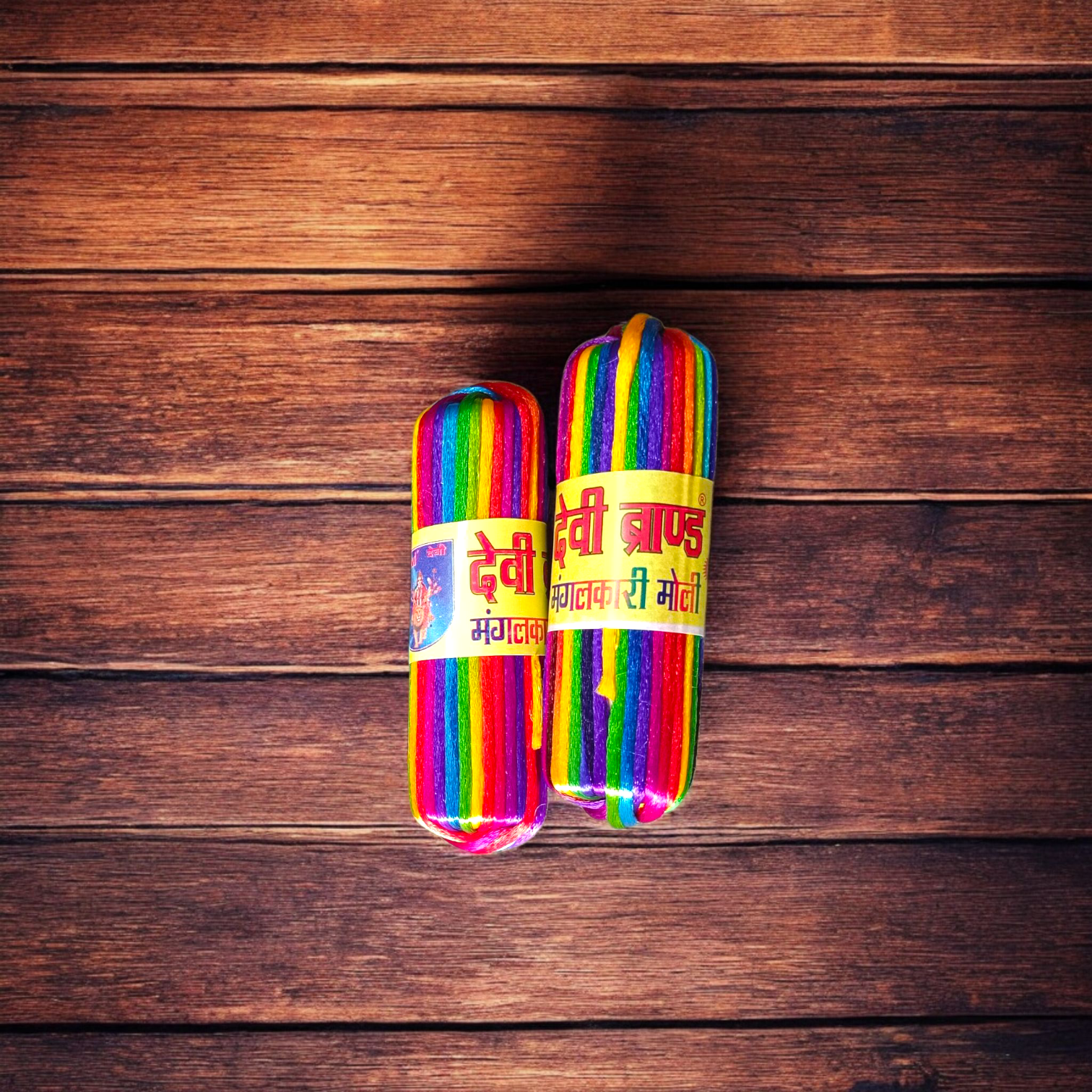 A pack of 5 colorful silk moli threads, each 11 feet long, traditionally used in Hindu pooja rituals for protection, blessings, and mannat dhaga ceremonies