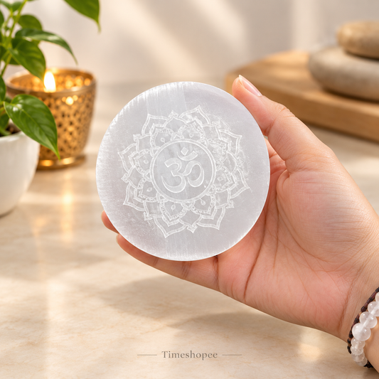 A polished round Selenite charging plate featuring a carved Om symbol, used for pooja, décor, and energy cleansing