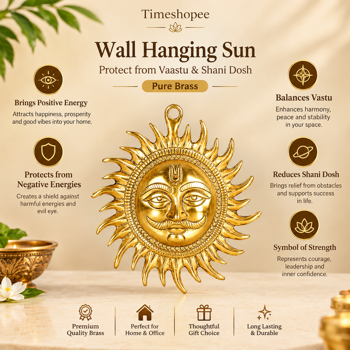 A pure brass wall hanging sun, symbolizing strength and positivity, available in small (5 inch) and big (7 inch) sizes to protect from Vaastu Dosh and Shani Dosh.