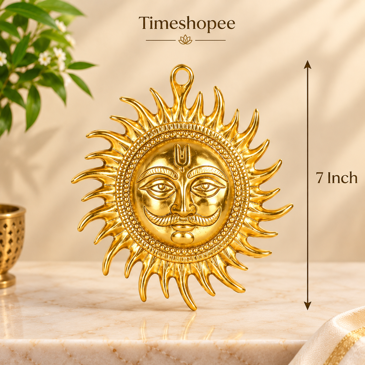A pure brass wall hanging sun, symbolizing strength and positivity, available in small (5 inch) and big (7 inch) sizes to protect from Vaastu Dosh and Shani Dosh.