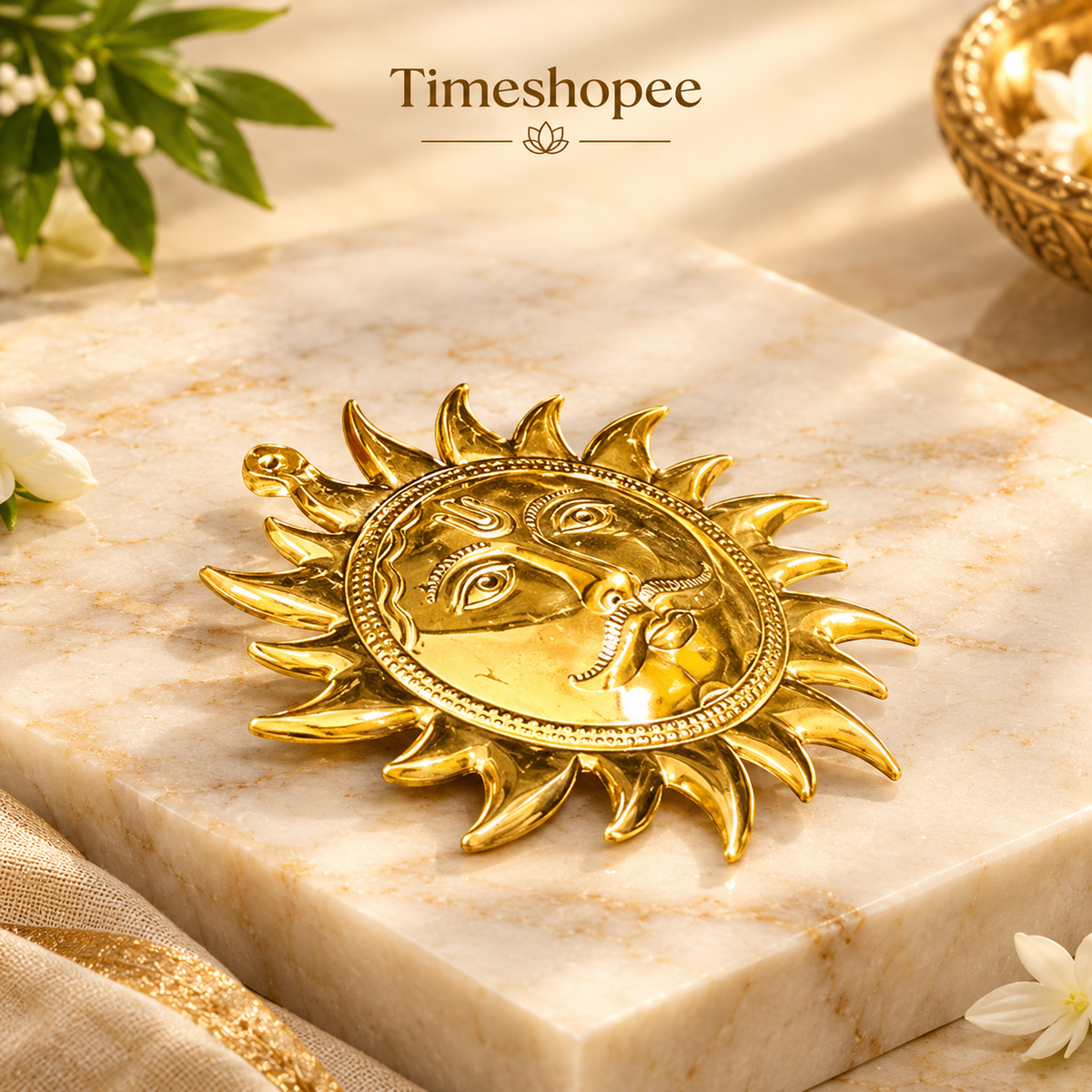 A pure brass wall hanging sun, symbolizing strength and positivity, available in small (5 inch) and big (7 inch) sizes to protect from Vaastu Dosh and Shani Dosh.