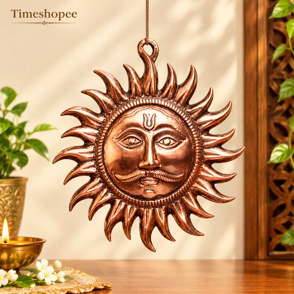 A pure copper wall hanging sun, symbolizing strength and positivity, available in small (5 inch) and big (7 inch) sizes to protect from Vaastu Dosh and Shani Dosh.
